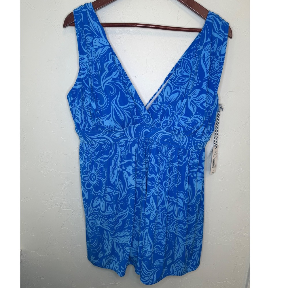 Sonnet Shores Swim Dress Women 14 Blue Floral V-Neck Tummy Control One Piece NEW
